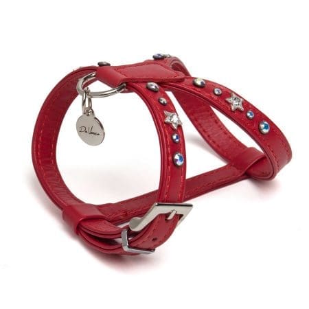 red calf leather dog puppy harness with swarovski crystals